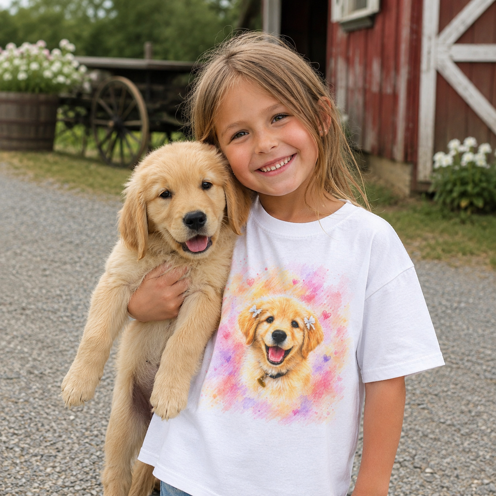 White kids t-shirt printed with a Golden Retriever puppy in pink, peach, and lavender watercolor florals