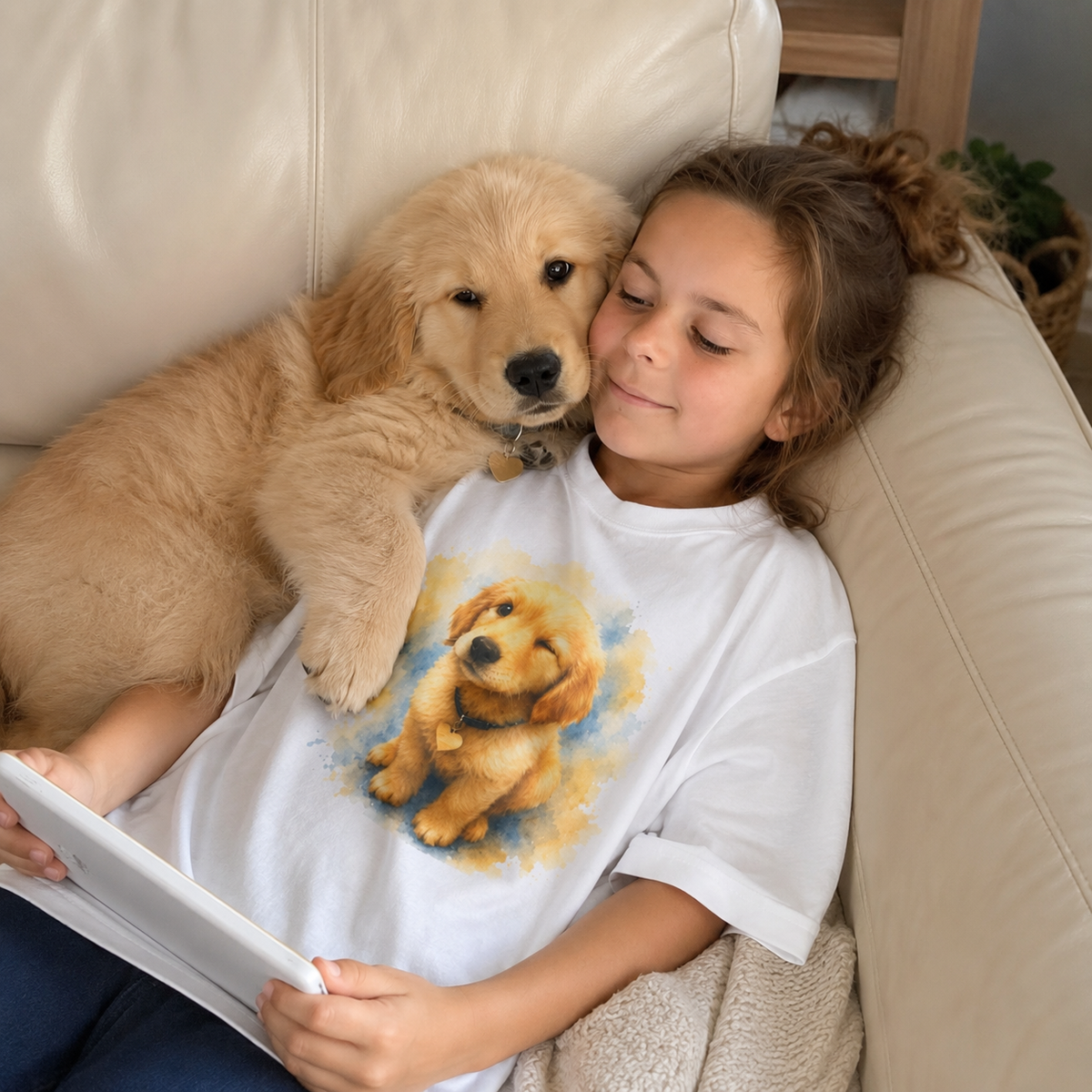 White kids t-shirt printed with a winking Golden Retriever puppy in yellow and blue watercolor