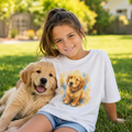 White kids t-shirt printed with a winking Golden Retriever puppy in yellow and blue watercolor