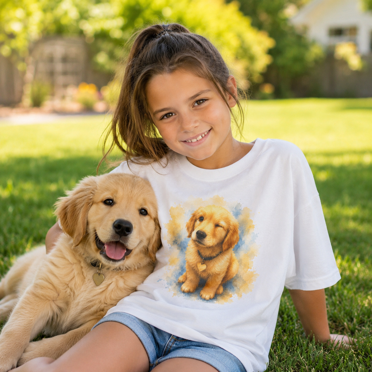 White kids t-shirt printed with a winking Golden Retriever puppy in yellow and blue watercolor
