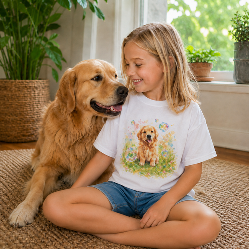 White kids t-shirt printed with a Golden Retriever puppy in a meadow surrounded by bubbles and flowers