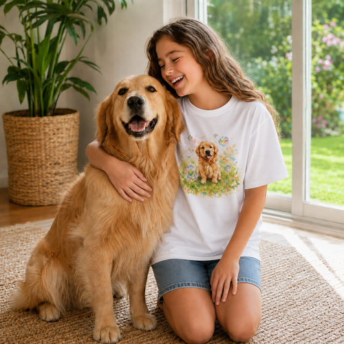 White kids t-shirt printed with a Golden Retriever puppy in a meadow surrounded by bubbles and flowers