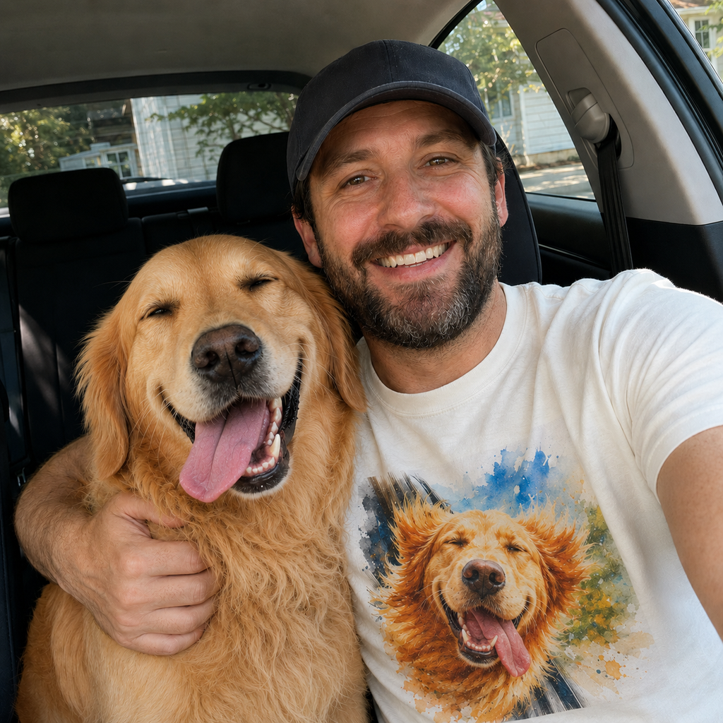 Natural t-shirt printed with a Golden Retriever with wind-swept ears and a wide open smile