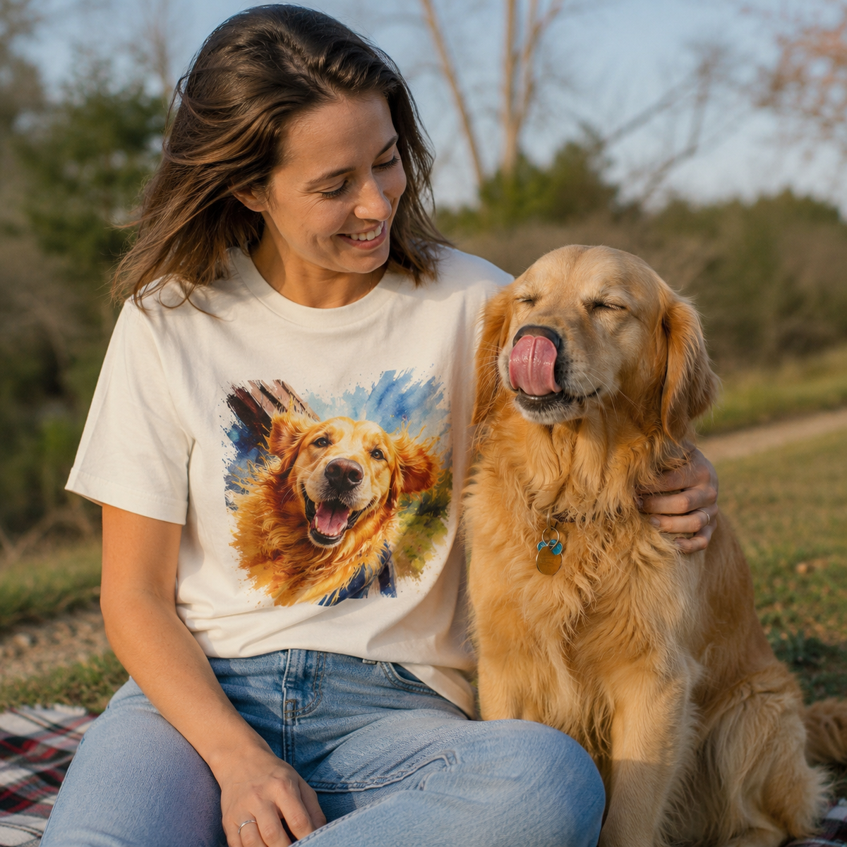 Natural t-shirt printed with a Golden Retriever with wind-swept ears and a wide open smile