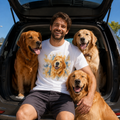 White t-shirt printed with a grinning Golden Retriever surrounded by gold and blue watercolor splashes