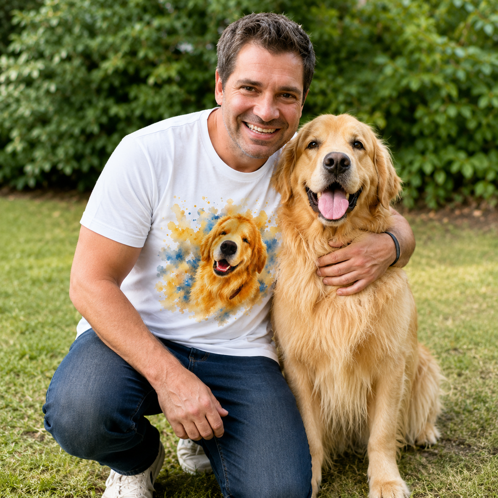 White t-shirt printed with a grinning Golden Retriever surrounded by gold and blue watercolor splashes