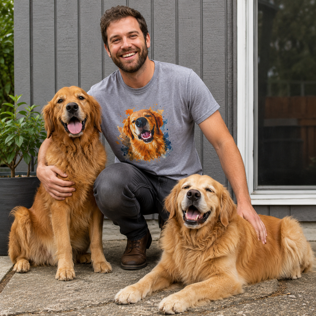 Heather Storm t-shirt printed with a large smiling Golden Retriever in gold and orange watercolor splashes