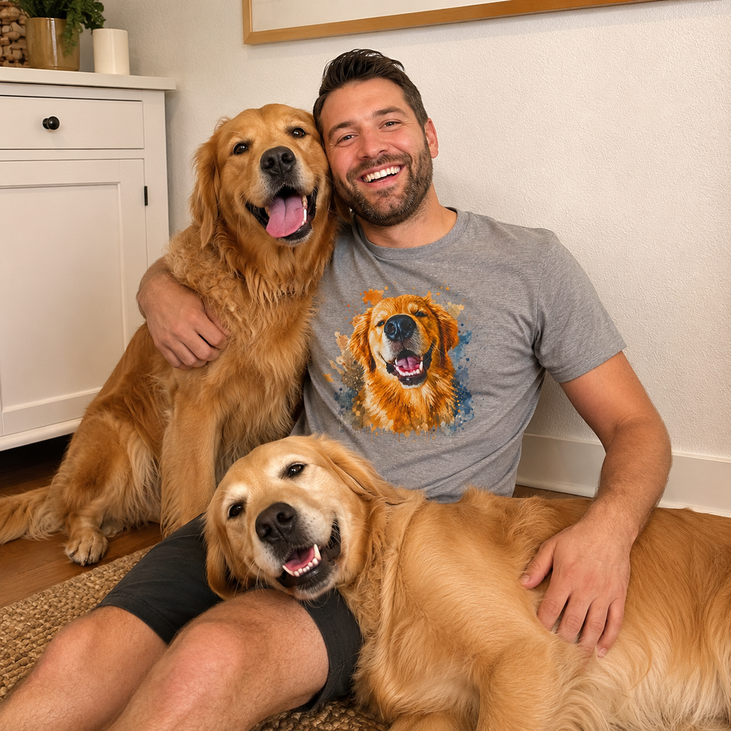 Heather Storm t-shirt printed with a large smiling Golden Retriever in gold and orange watercolor splashes