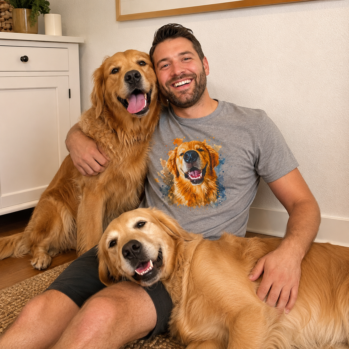 Heather Storm t-shirt printed with a large smiling Golden Retriever in gold and orange watercolor splashes