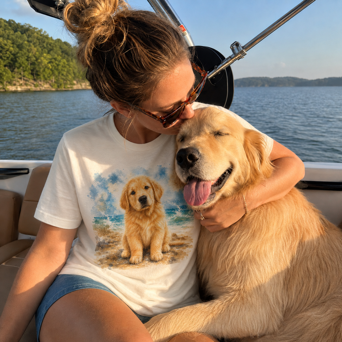 Natural t-shirt printed with a Golden Retriever puppy sitting on the shore among soft watercolor waves