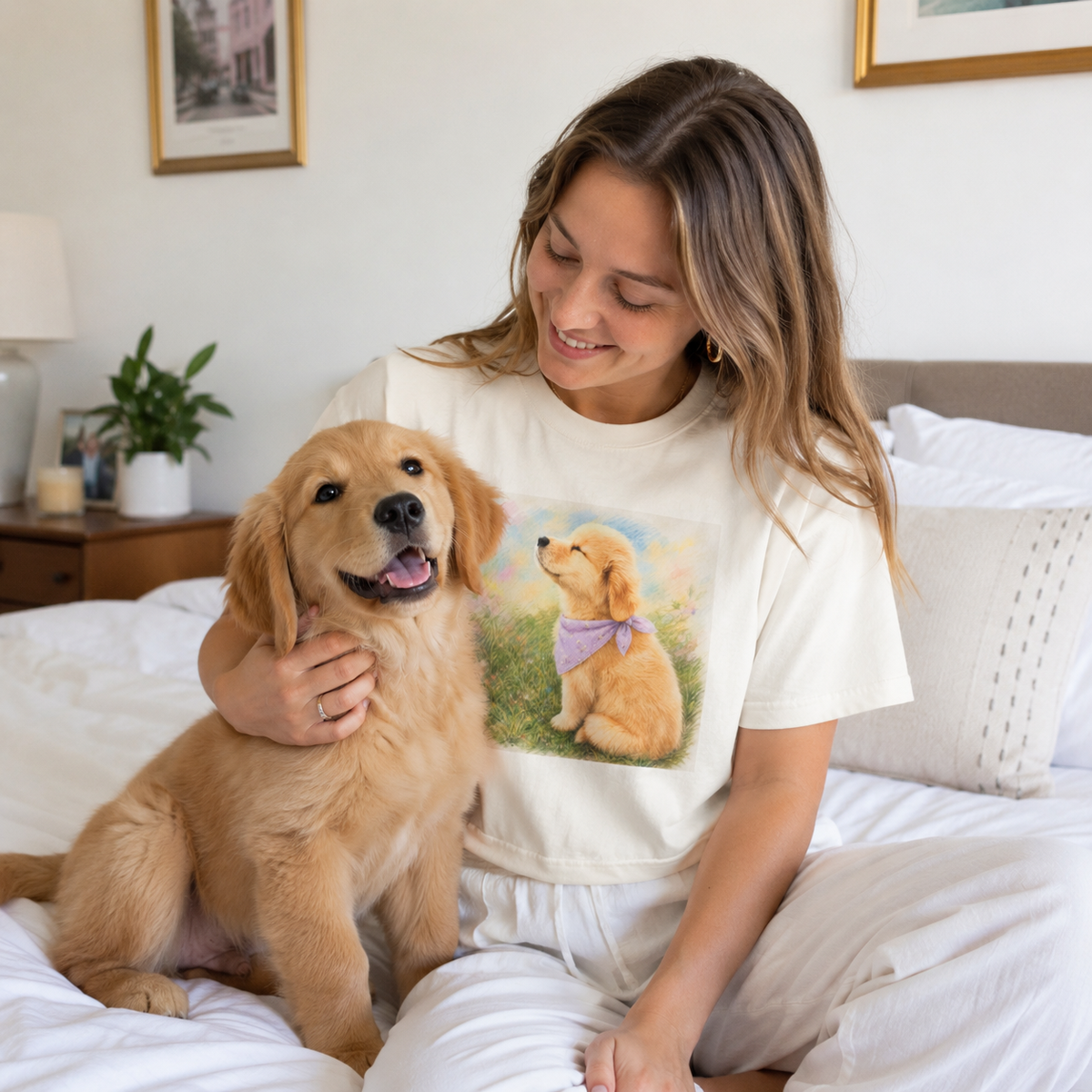 Ivory boxy t-shirt printed with a Golden Retriever puppy in a lavender bandana sitting in a grassland