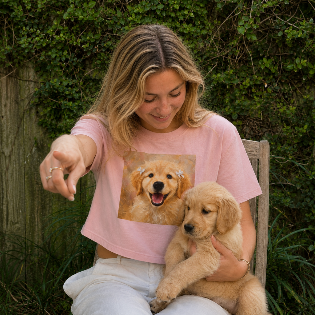 Peachy boxy t-shirt printed with a Golden Retriever puppy wearing hair ribbons and grinning