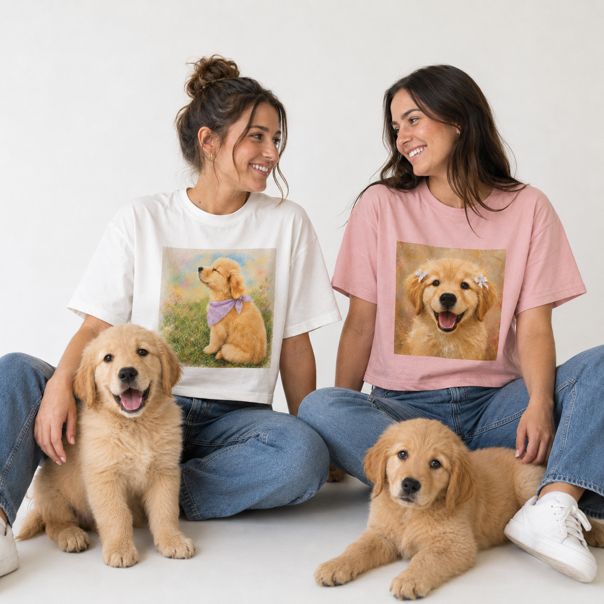 Peachy boxy t-shirt printed with a Golden Retriever puppy wearing hair ribbons and grinning