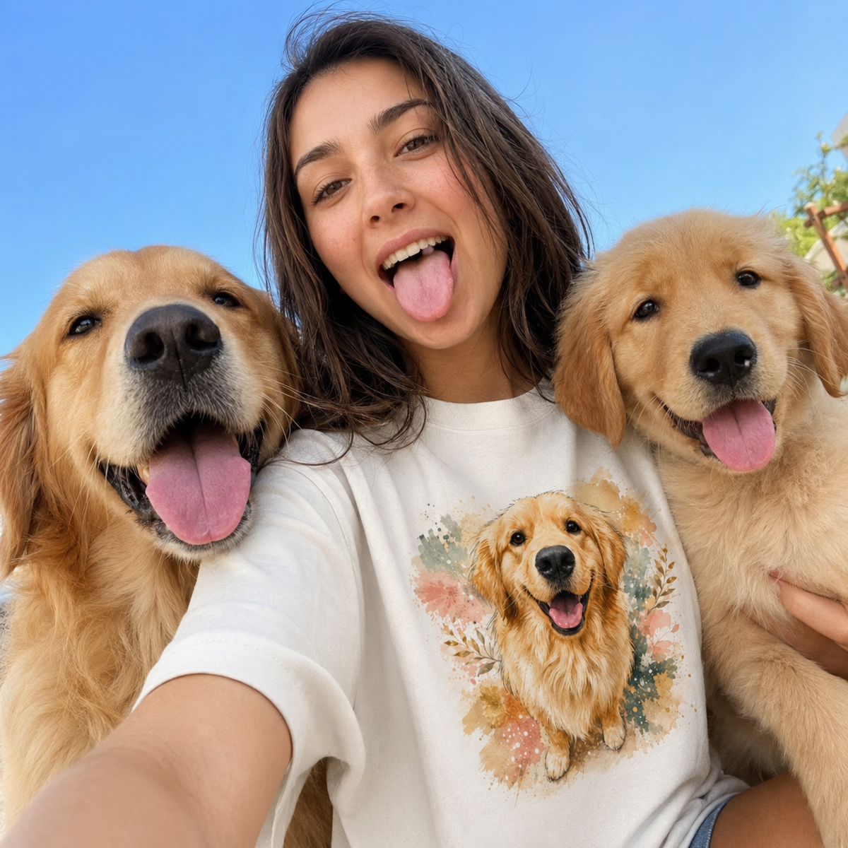 Natural t-shirt printed with a happy Golden Retriever framed by blush and sage watercolor florals