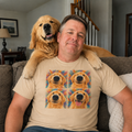Sand Dune t-shirt printed with four Golden Retriever faces in different expressions on a painterly background