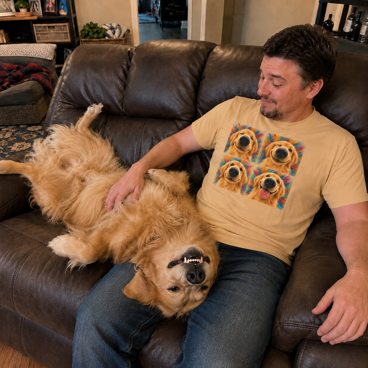 Sand Dune t-shirt printed with four Golden Retriever faces in different expressions on a painterly background