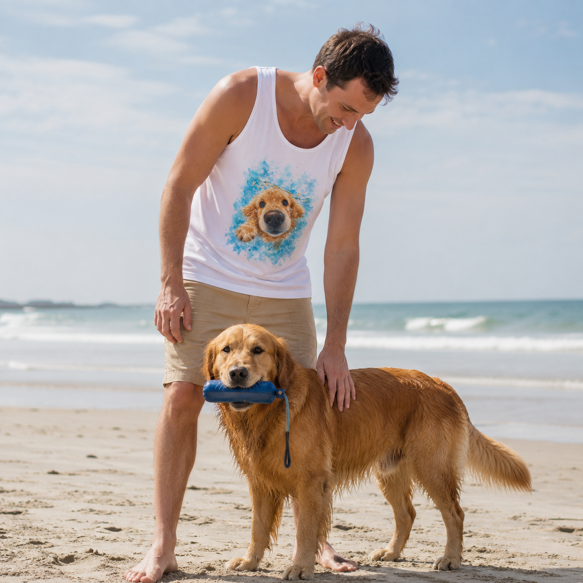 White tank top printed with a Golden Retriever swimming nose-first through blue watercolor splashes