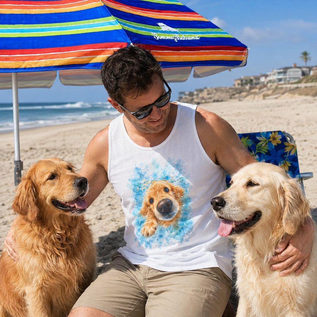 White tank top printed with a Golden Retriever swimming nose-first through blue watercolor splashes
