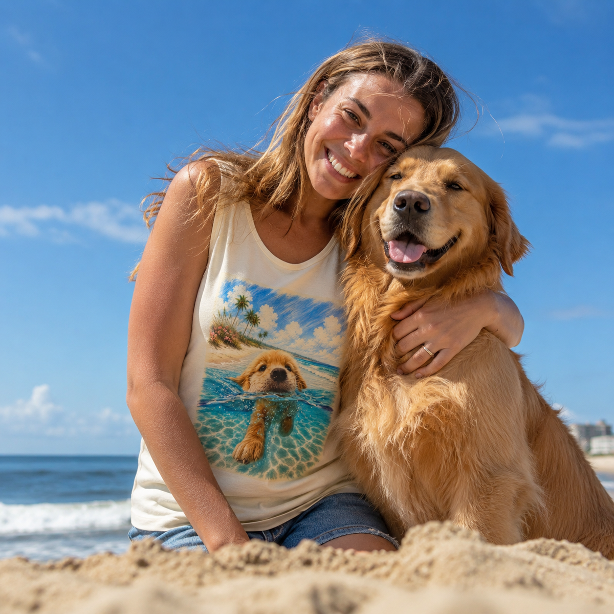 Ivory tank top printed with a Golden Retriever swimming toward a tropical shore in turquoise water