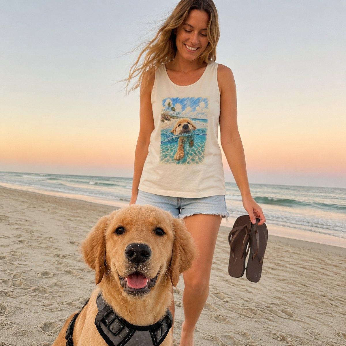 Ivory tank top printed with a Golden Retriever swimming toward a tropical shore in turquoise water