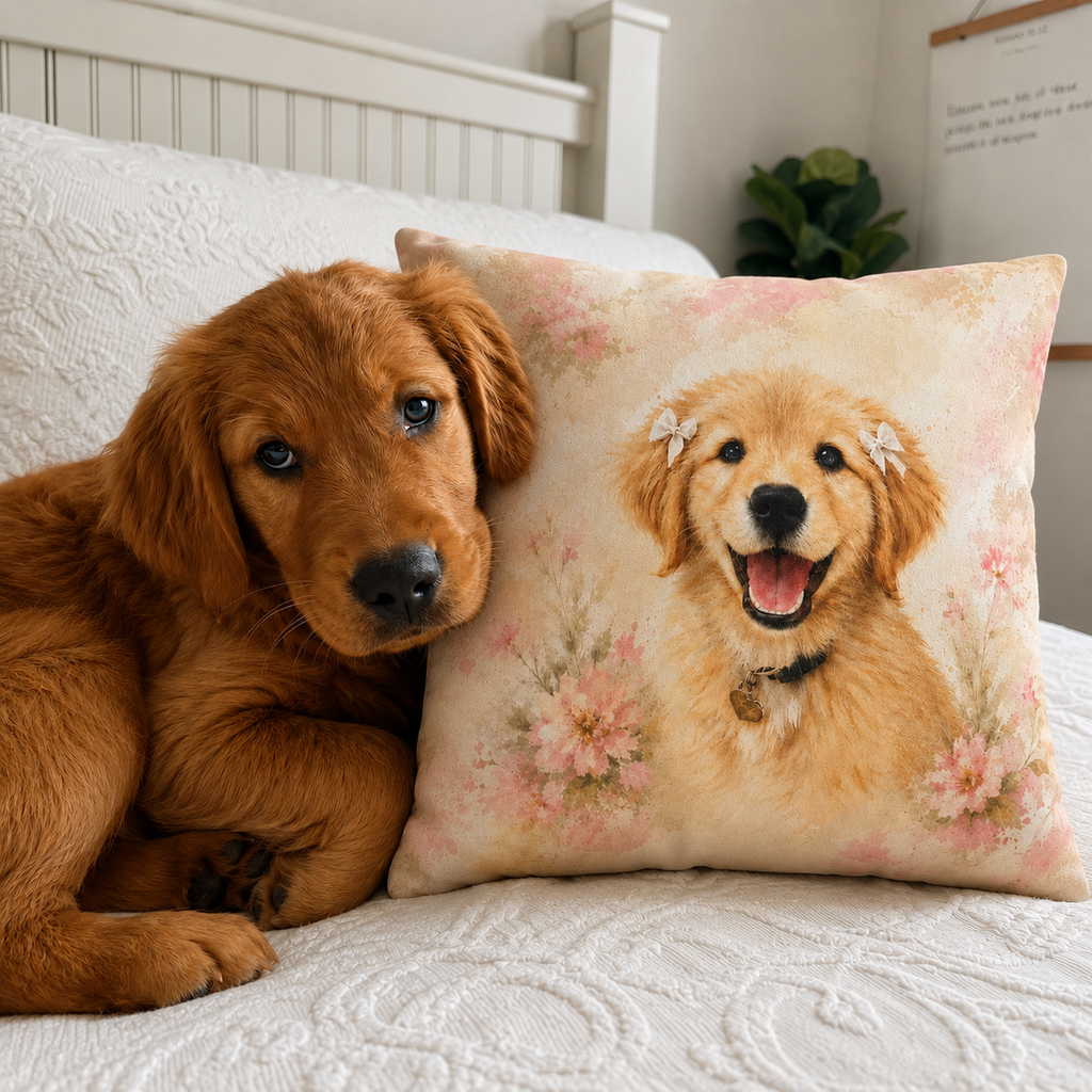 14 inch pillow cover printed with a Golden Retriever puppy surrounded by blush pink watercolor florals