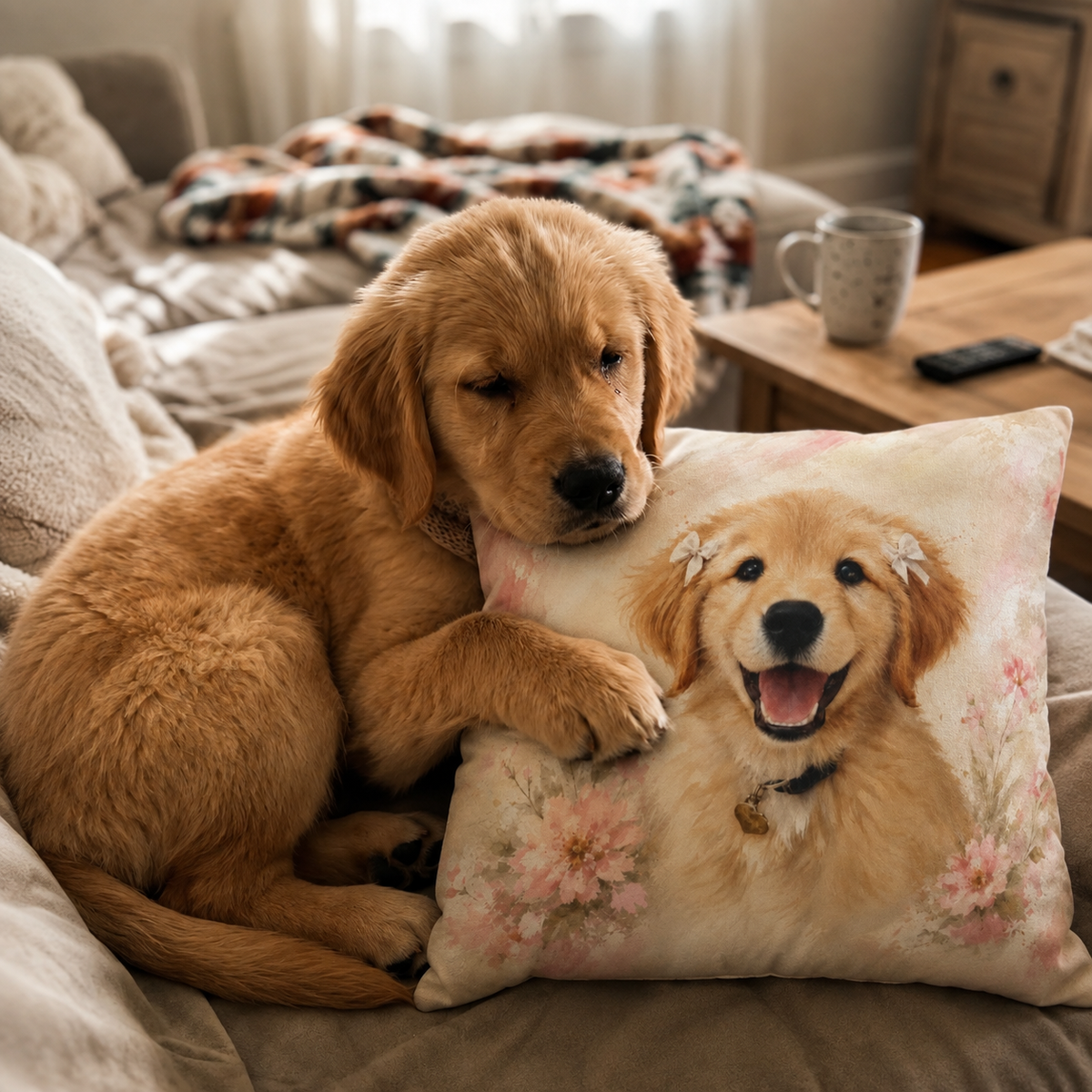 14 inch pillow cover printed with a Golden Retriever puppy surrounded by blush pink watercolor florals