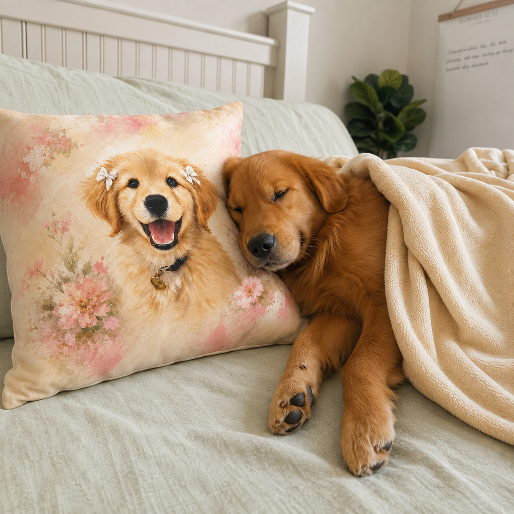 14 inch pillow cover printed with a Golden Retriever puppy surrounded by blush pink watercolor florals