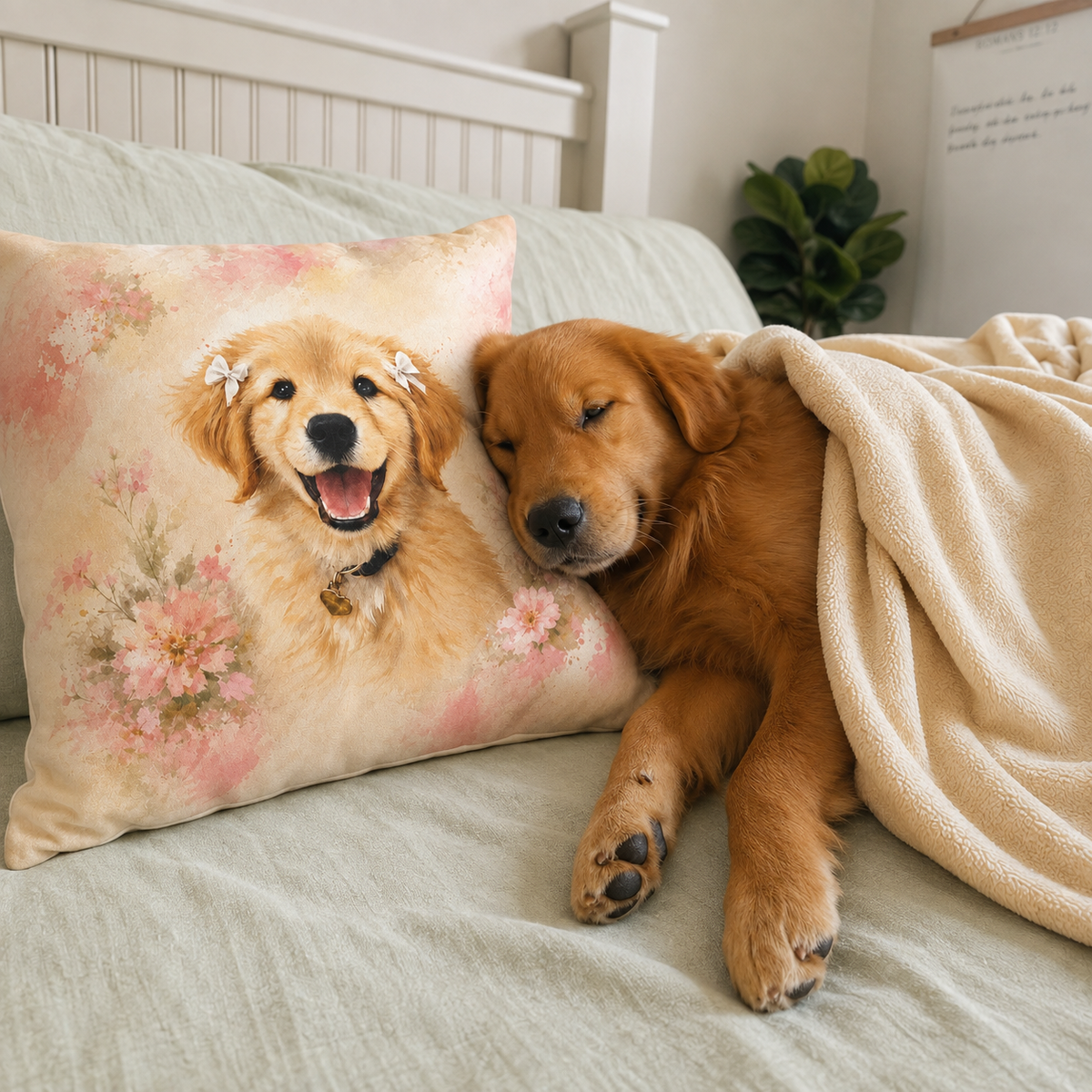 14 inch pillow cover printed with a Golden Retriever puppy surrounded by blush pink watercolor florals