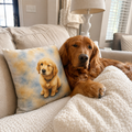 14 inch pillow cover printed with a winking Golden Retriever puppy in yellow and blue watercolor