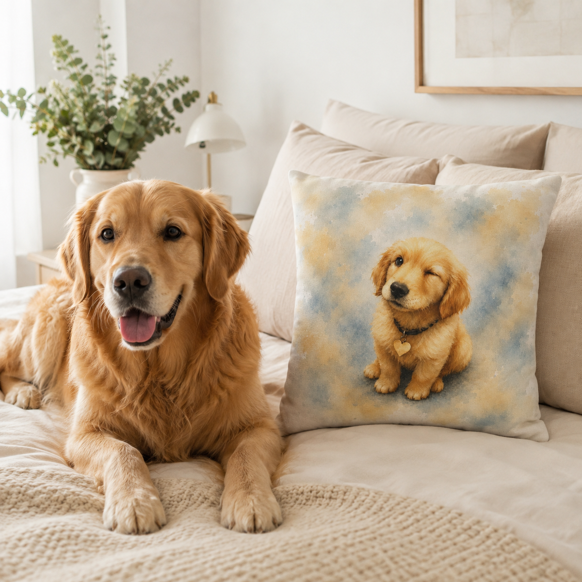 14 inch pillow cover printed with a winking Golden Retriever puppy in yellow and blue watercolor