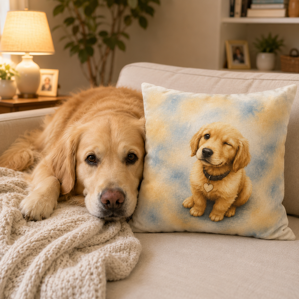 14 inch pillow cover printed with a winking Golden Retriever puppy in yellow and blue watercolor