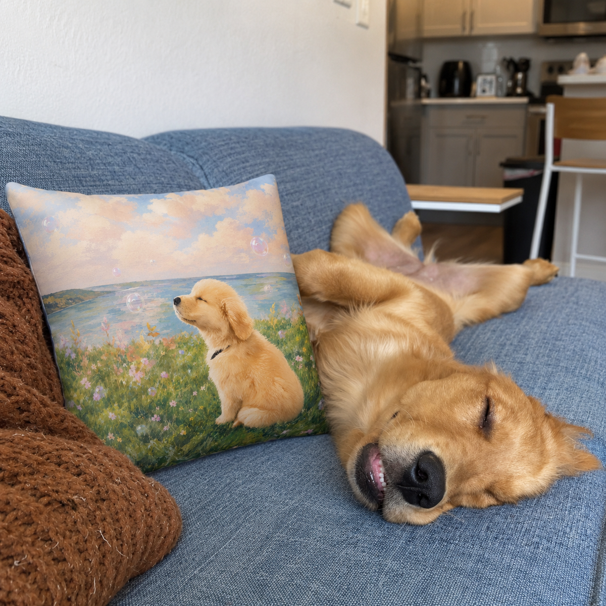 14 inch pillow cover printed with a Golden Retriever puppy resting in a pastel wildflower meadow