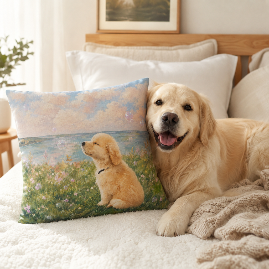 14 inch pillow cover printed with a Golden Retriever puppy resting in a pastel wildflower meadow