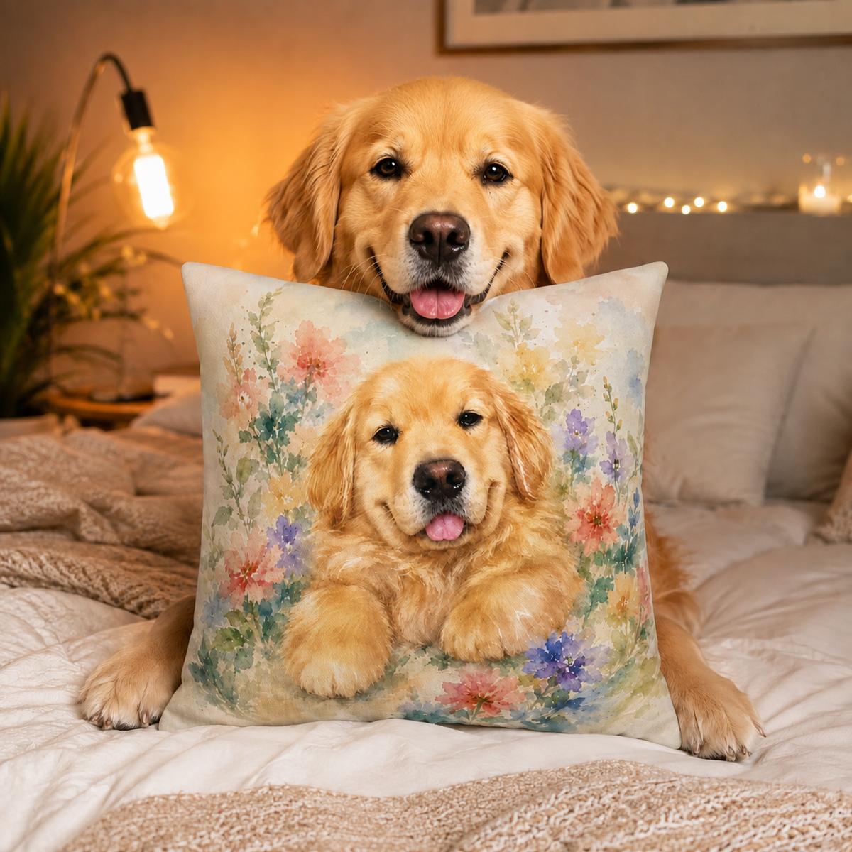 14 inch pillow cover printed with a relaxed Golden Retriever puppy with tongue out among watercolor wildflowers