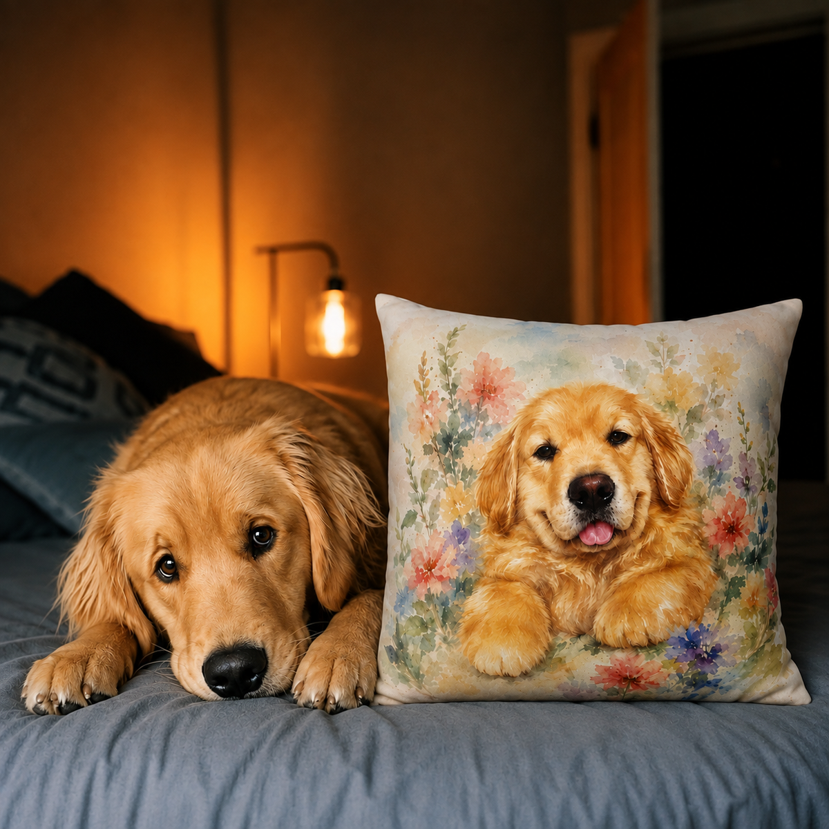 14 inch pillow cover printed with a relaxed Golden Retriever puppy with tongue out among watercolor wildflowers
