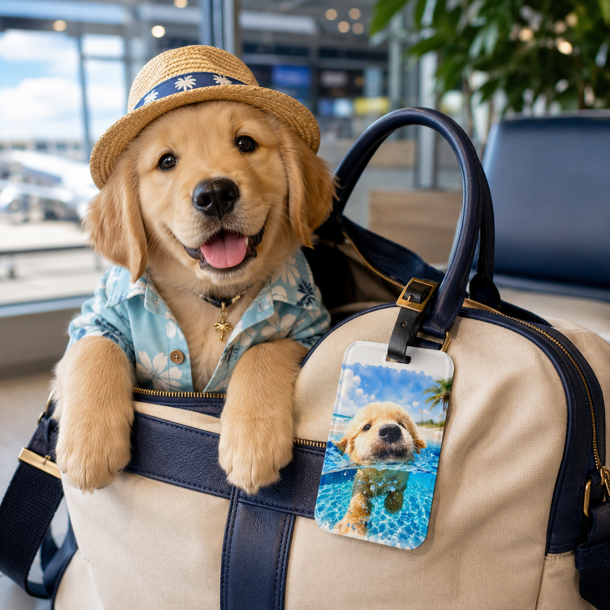 Acrylic luggage tag printed with a Golden Retriever puppy paddling in sparkling blue water