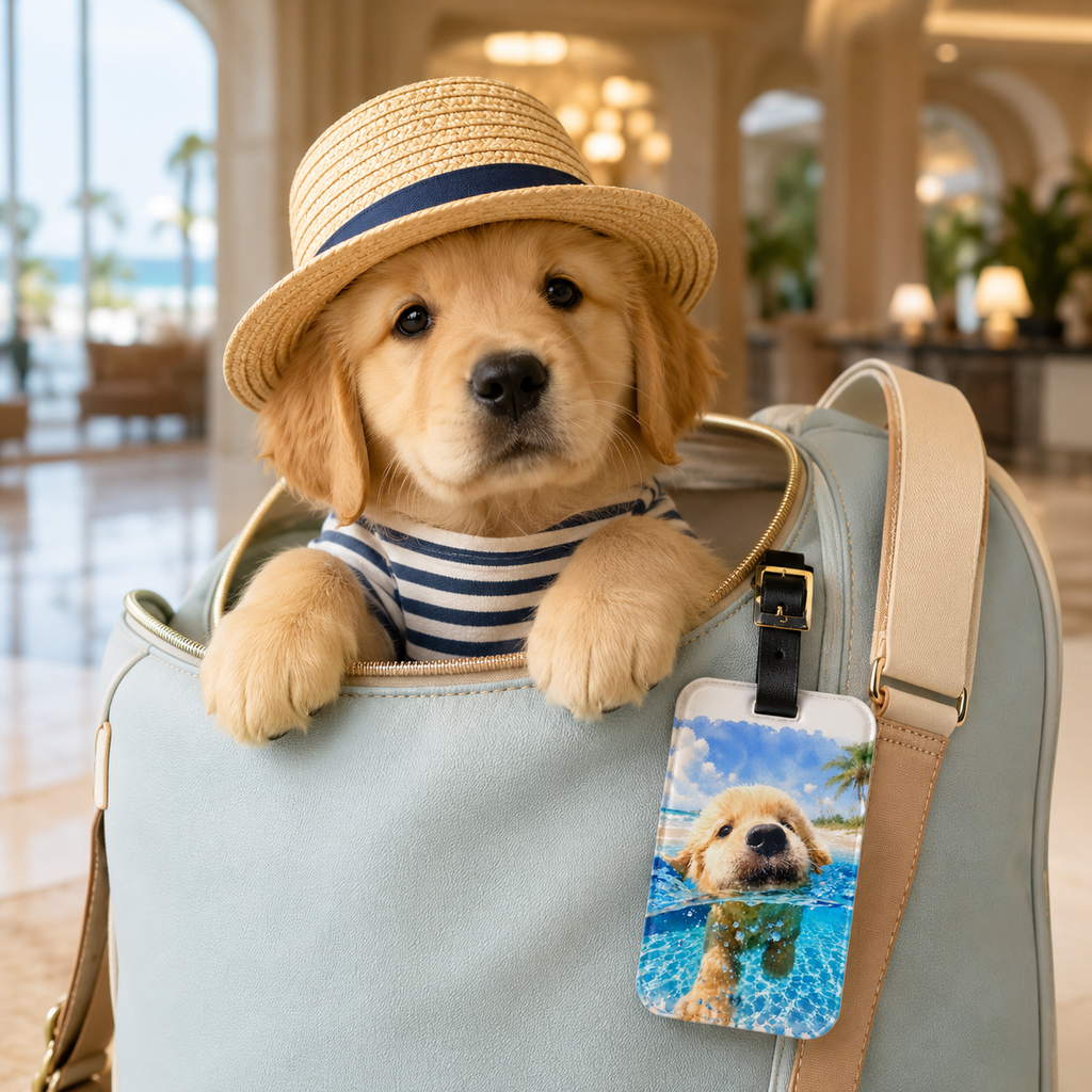Acrylic luggage tag printed with a Golden Retriever puppy paddling in sparkling blue water