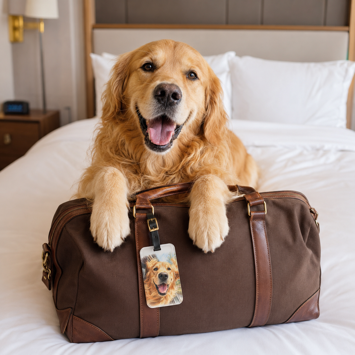 Acrylic luggage tag printed with a Golden Retriever with wind-swept ears and a wide open smile
