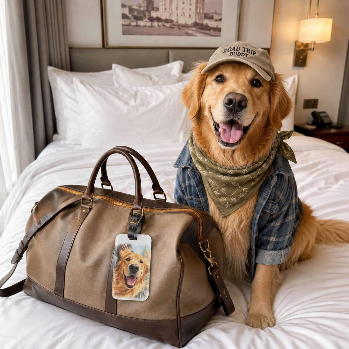 Acrylic luggage tag printed with a Golden Retriever with wind-swept ears and a wide open smile