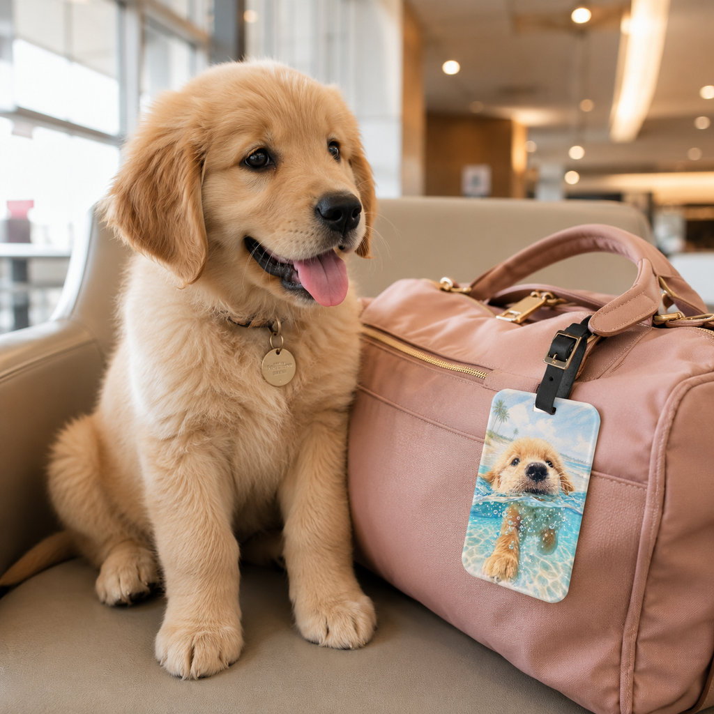 Acrylic luggage tag printed with a Golden Retriever puppy swimming through blue watercolor water
