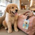 Acrylic luggage tag printed with a Golden Retriever puppy swimming through blue watercolor water