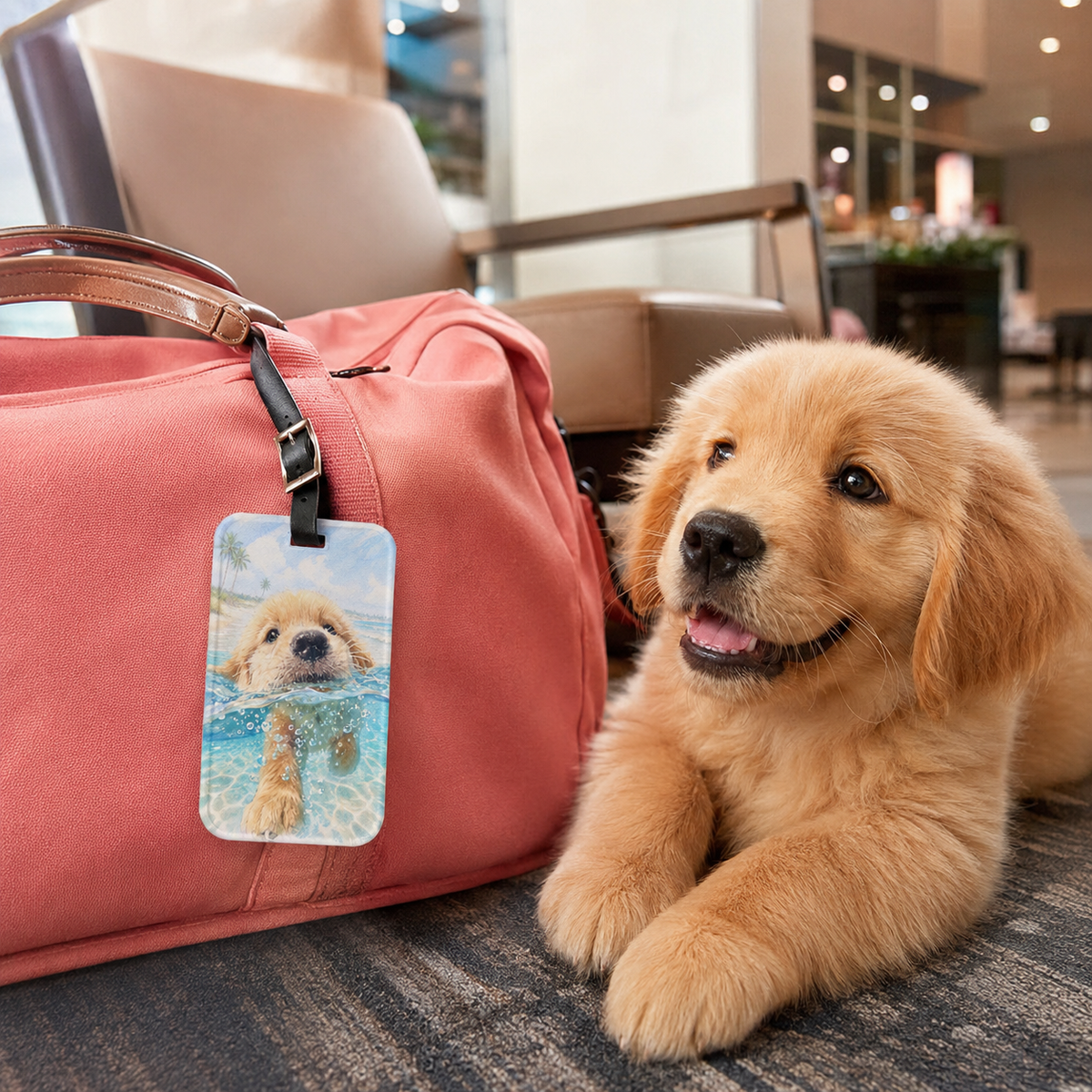 Acrylic luggage tag printed with a Golden Retriever puppy swimming through blue watercolor water