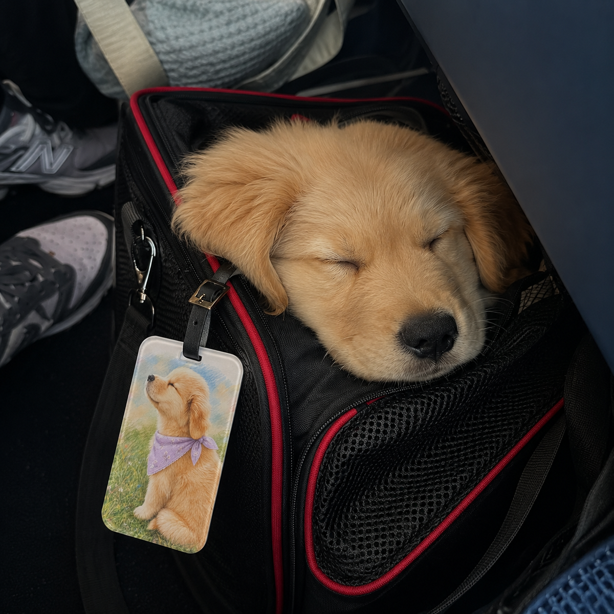 Acrylic luggage tag printed with a watercolor Golden Retriever puppy in a lavender bandana