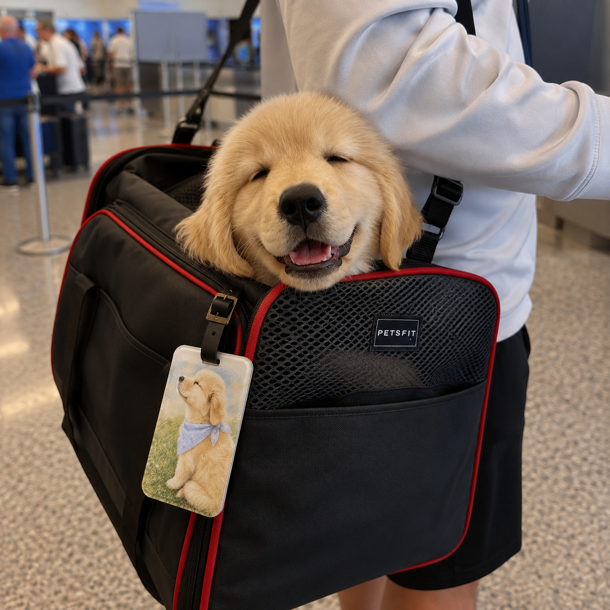 Acrylic luggage tag printed with a watercolor Golden Retriever puppy in a lavender bandana