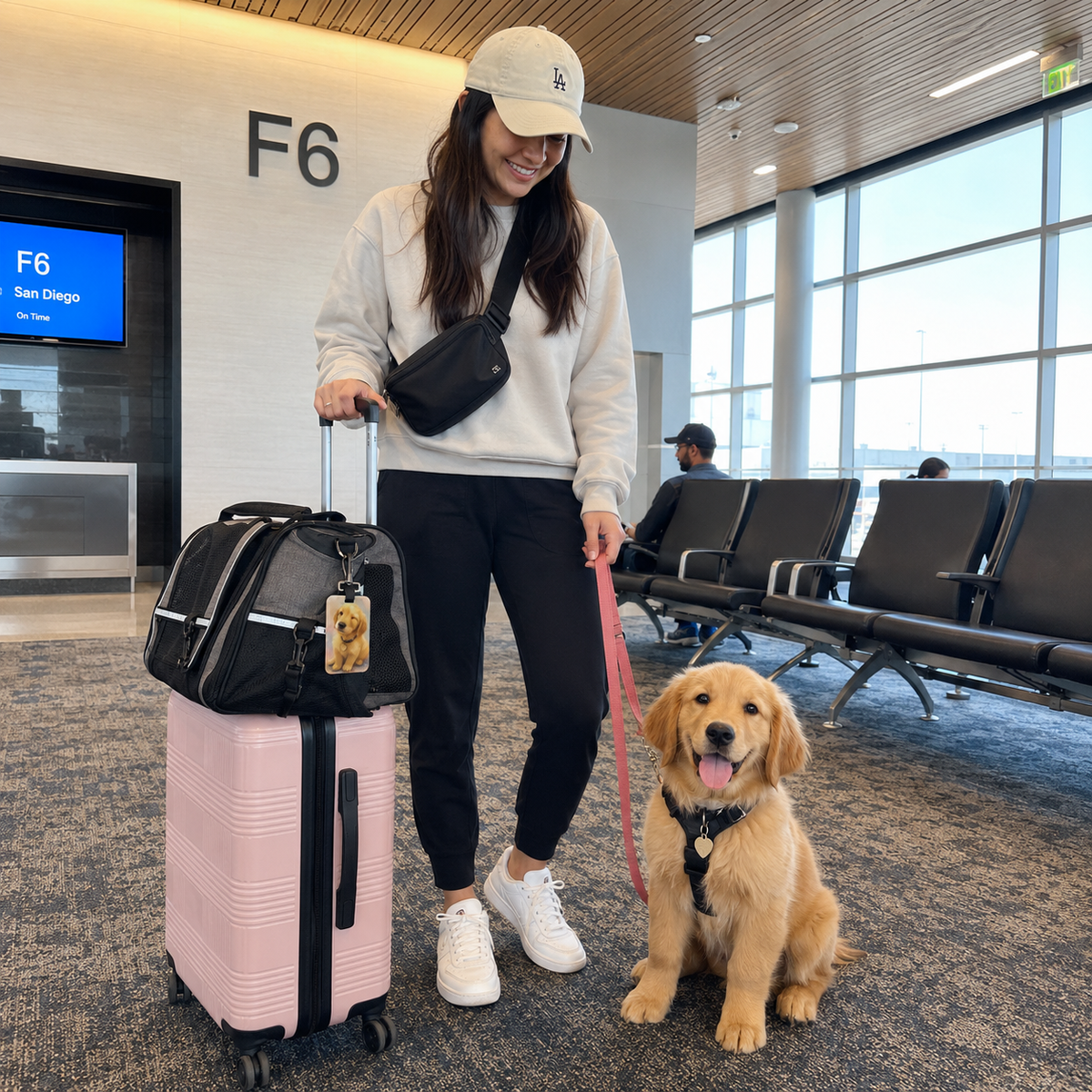 Acrylic luggage tag printed with a winking watercolor Golden Retriever puppy