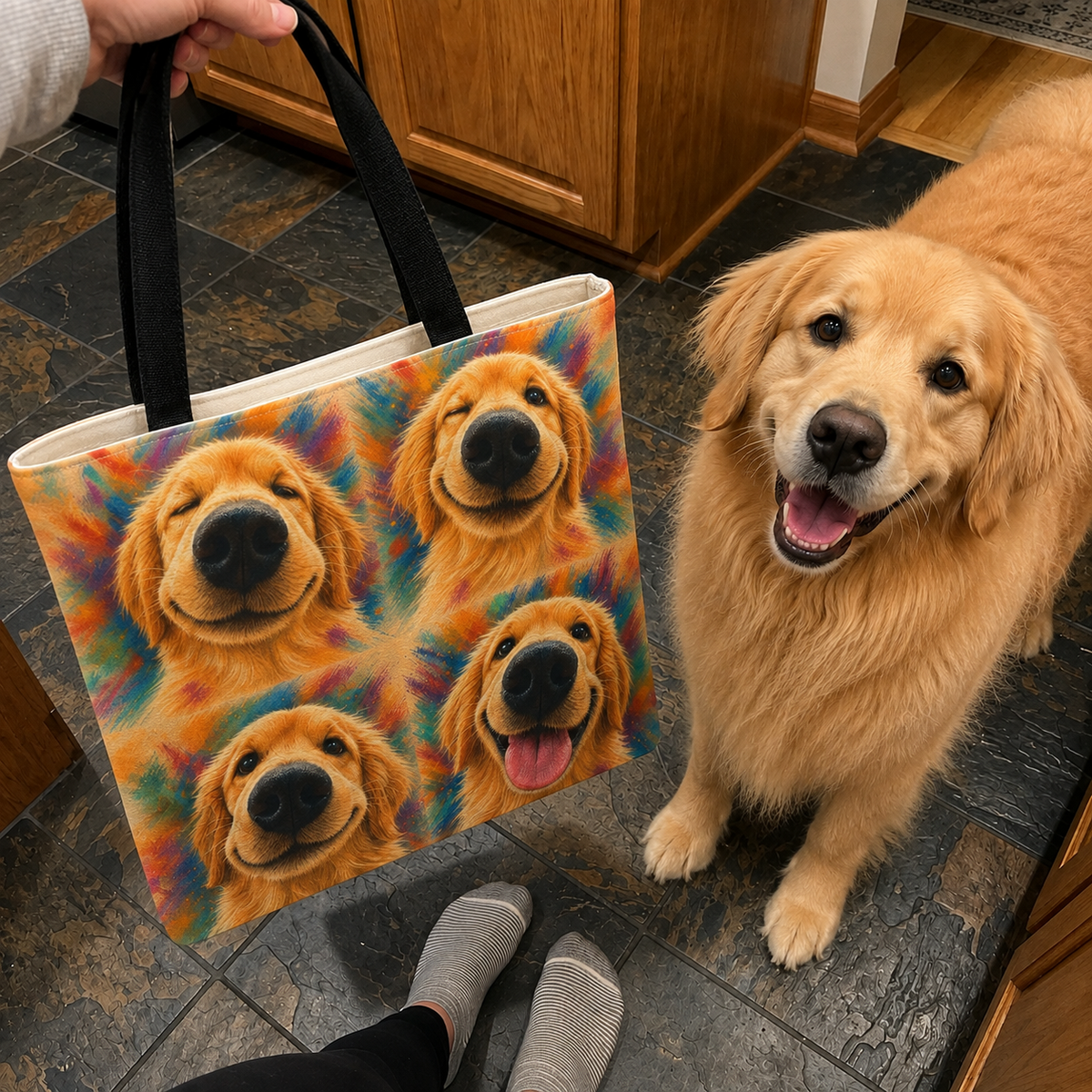 Tote bag printed with four Golden Retriever faces in bold orange, teal, and gold watercolor strokes