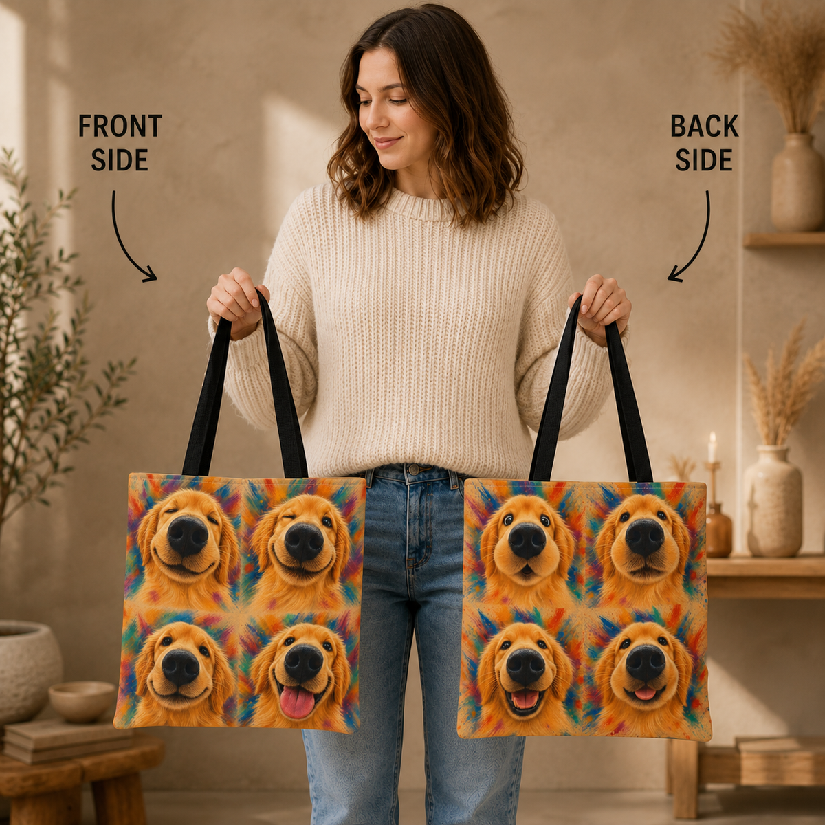Tote bag printed with four Golden Retriever faces in bold orange, teal, and gold watercolor strokes