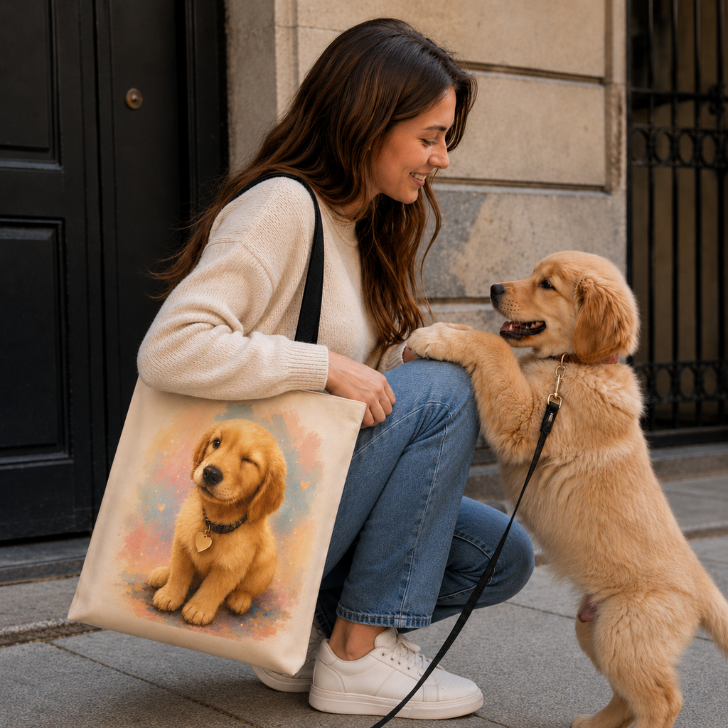 Tote bag printed with a winking Golden Retriever puppy in pink, peach, and grey-blue watercolor