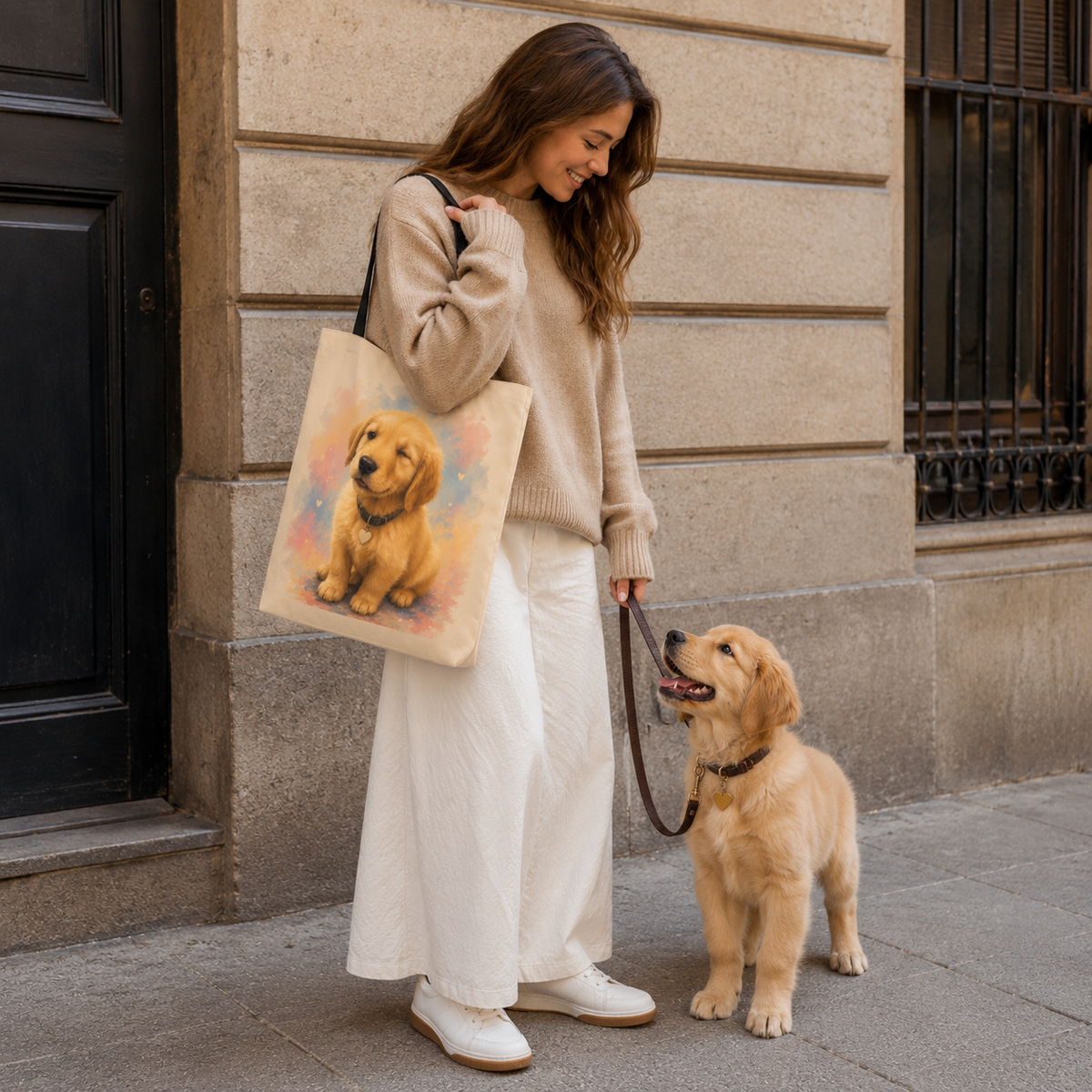 Tote bag printed with a winking Golden Retriever puppy in pink, peach, and grey-blue watercolor