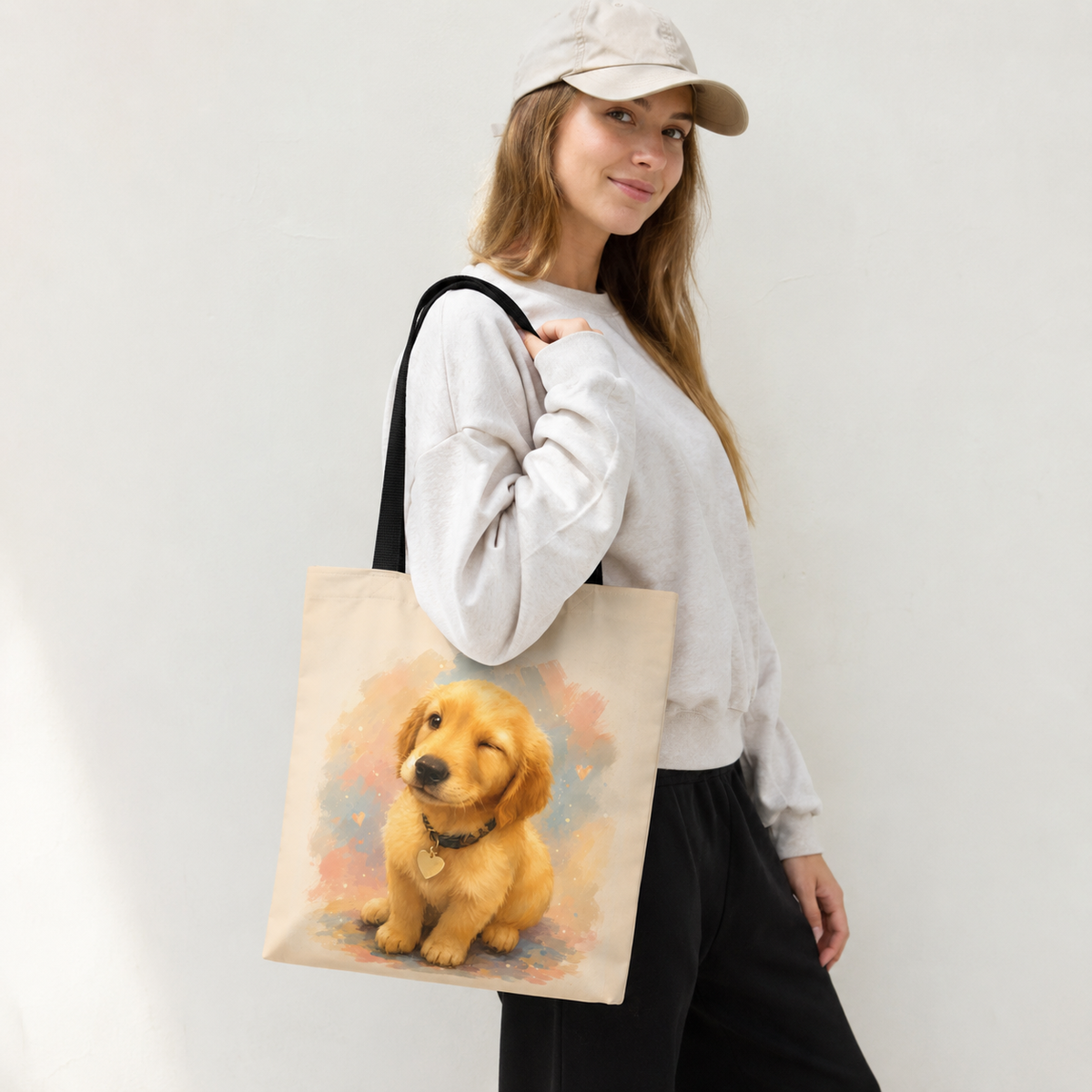 Tote bag printed with a winking Golden Retriever puppy in pink, peach, and grey-blue watercolor